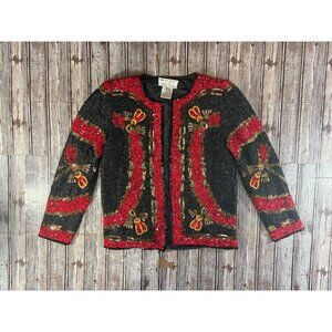 Adrianna Papell Evening 100% silk Beaded Jacket sz L color Red Black Vintage 90s